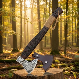 Hand Forged Viking Collectible Axe, Engraved Norse Design Gift, Carved Wooden Handle, Father's Day Gift for Best Dad, husband Boyfriend Gift