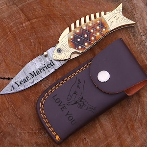 Engraved Damascus Pocket Knife: Personalized Handmade Brass & Resin Handle Fishing Knife, Best Gift for fisherman, Outdoor gift for Men