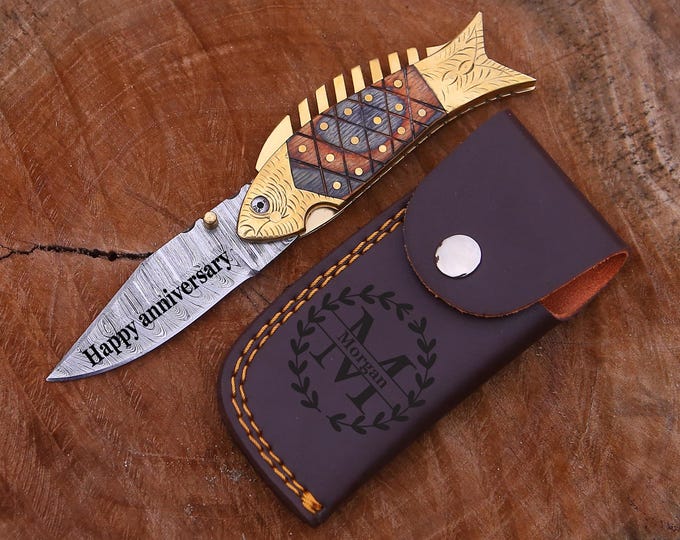 Hand-Forged Damascus Steel Fish Pocket Knife - Engraved Brass Pakka wood Handle, Anniversary Gift, Personalized gift for Boyfriend name