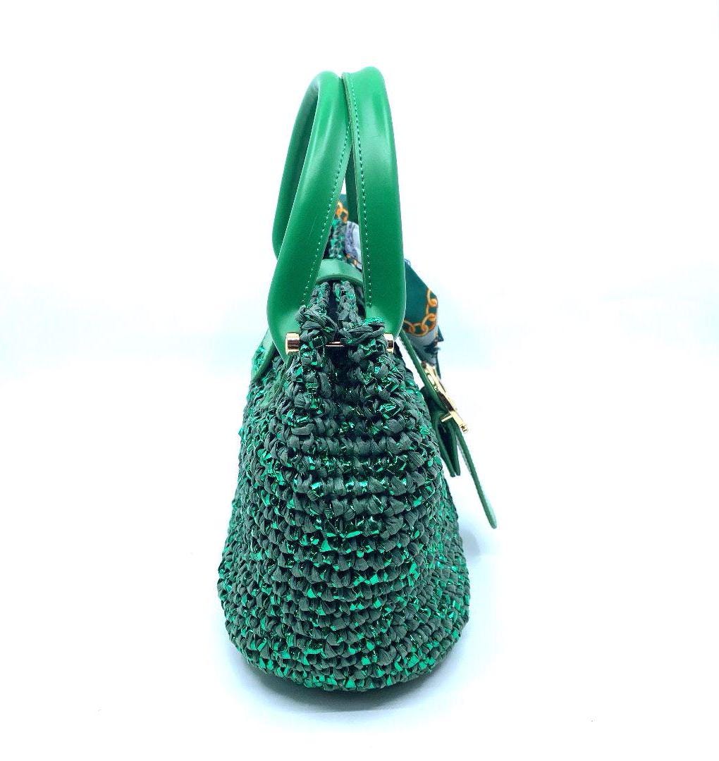 Handmade Bag, Green Leather Handle, Leather Detailed and