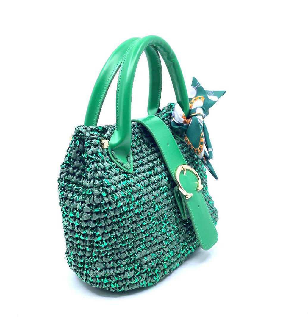 Handmade Bag, Green Leather Handle, Leather Detailed and