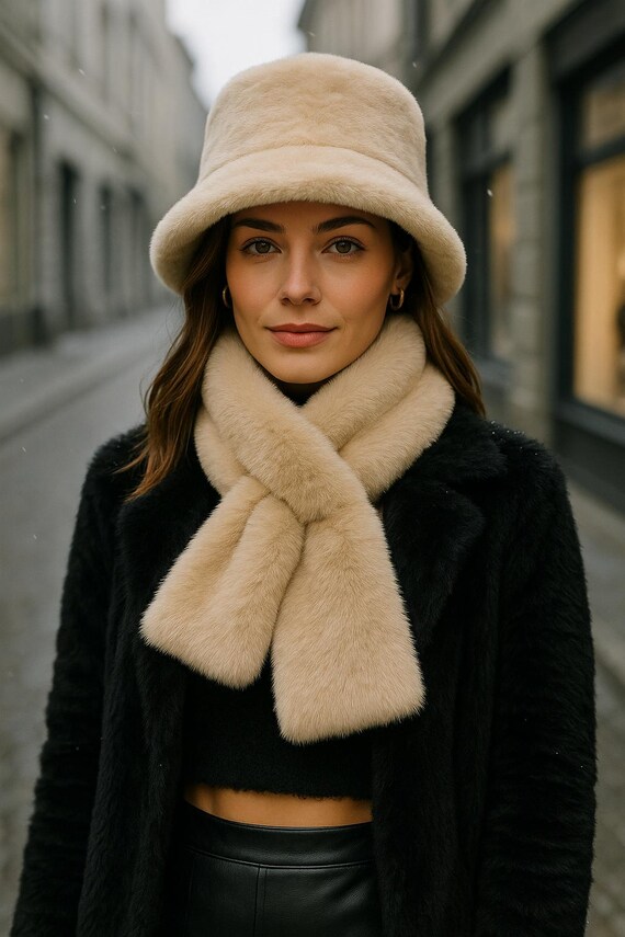 Elegant Black Faux Fur Bucket Hat and Scarf Set Buy Tamsy Black Solid Faux Fur Set of Bucket Hat and Scarf  main image 3