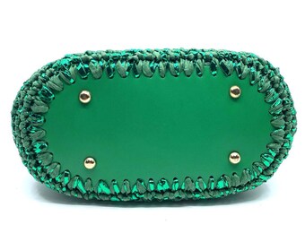 Handmade Bag, Green Leather Handle, Leather Detailed and