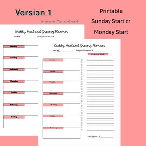 Printable Weekly Meal and Grocery Planner, Food tracker, Meal Prep, Meal Planner, Grocery List
