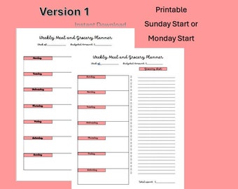 Afdrukbare wekelijkse maaltijd- en boodschappenplanner, voedseltracker, maaltijdvoorbereiding, maaltijdplanner, boodschappenlijst
