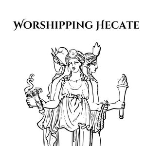 Könnte beinhalten: Schwarz-Weiß-Illustration von Hekate, einer Figur mit drei Gesichtern, die eine Fackel und ein Gefäß hält. Der Text "Worshipping Hecate" befindet sich oben im Bild. Das Kunstwerk ist eine Strichzeichnung auf weißem Hintergrund.