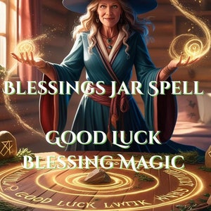 May include: A woman in a witch's costume, with a blue hat and gown, performing magic with glowing orbs. The image includes text: "BLESSINGS JAR SPELL GOOD LUCK BLESSING MAGIC". A wooden table with runes and a glowing circle is in the foreground.