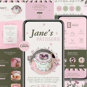 May include: A mobile phone screen displays a website for "Jane's Pâtisserie." The site features a cake with floral decorations, menu options, and the text "Every dessert is handcrafted with simple ingredients, timeless recipes, and a touch of everyday magic."