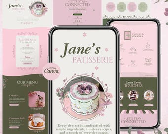 Op de afbeelding: Een mobiele telefoon toont de website van "Jane's Pâtisserie". De site toont een taart met bloemversieringen, menu-opties en de tekst "Elk dessert is handgemaakt met eenvoudige ingrediënten, tijdloze recepten en een vleugje alledaagse magie."