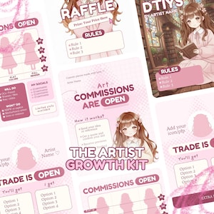 May include: A selection of pink and white art commission templates featuring anime-style illustrations. The templates include sections for raffles, rules, and artist details. Text includes "Art Commissions Are Open" and "The Artist Growth Kit."