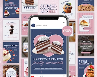 Op de afbeelding: Een smartphone toont een social media post met twee plakken chocoladetaart met witte glazuur op een roze hart. Tekst: "Pretty Cakes for Pretty Moments". Andere afbeeldingen tonen diverse desserts. Metrische maten.