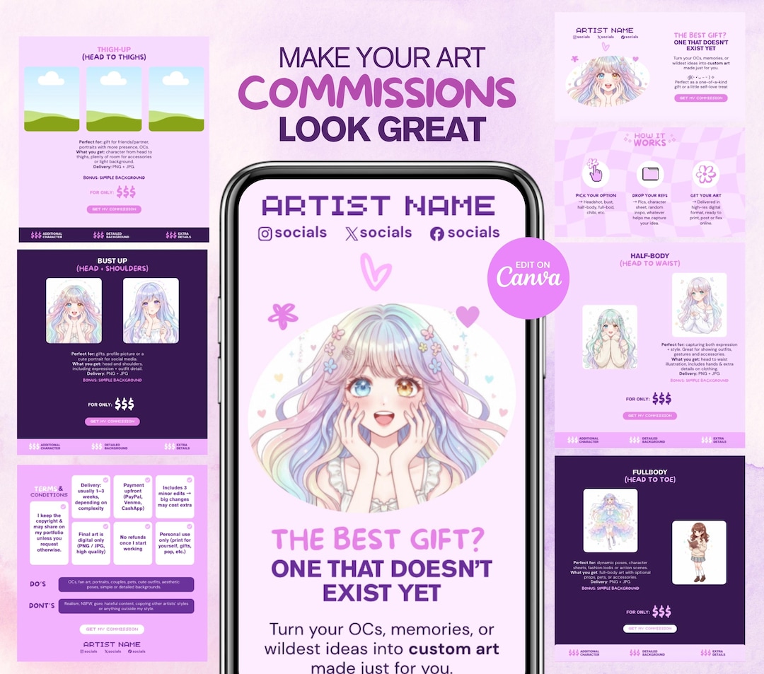 Web Template for Artists, Custom Commission Sheet, Freelance, Crafters ...