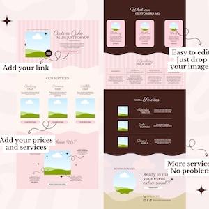 Op de afbeelding: Een digitaal marketing sjabloon voor een taartenbedrijf op maat, met een roze en bruin kleurenschema. Het ontwerp bevat secties voor getuigenissen van klanten, boekingsbeleid en extra diensten. Tekst bevat "Custom Cake Made Just For You" en "Ready to ma your event extra sweet?"