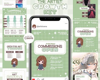 Social Media Template for Digital Artists, Editable Artist Commission Sheet, Soft Pastel Green, Art Pricing Page, Cute Aesthetic Commissions