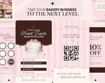 Sjabloon bewerkbare bakkerij-visitekaartje, info bakker, taartartiest, dessertwinkel, bewerkbaar taartbedrijf, visitekaartje voor bakkers, doe-het-zelf