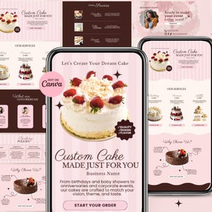 Peut inclure: Une maquette numérique présentant la conception d'un site web de pâtisserie personnalisée. La conception présente un gâteau aux fraises, diverses options de gâteaux et le texte "Custom Cake Made Just For You". La palette de couleurs est principalement rose et marron.