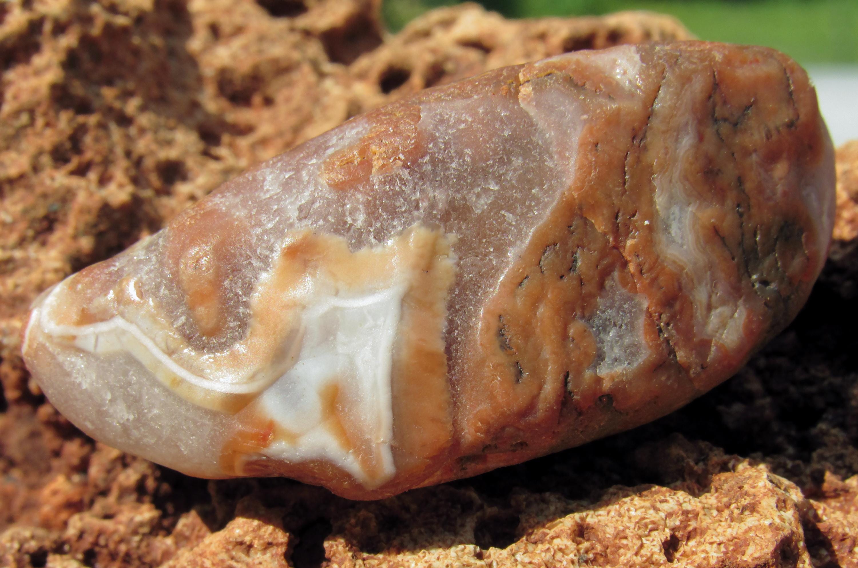 Not your usual Lake Superior agate - eyes, amethyst, exposed tubes, all in a perfect half-nodule