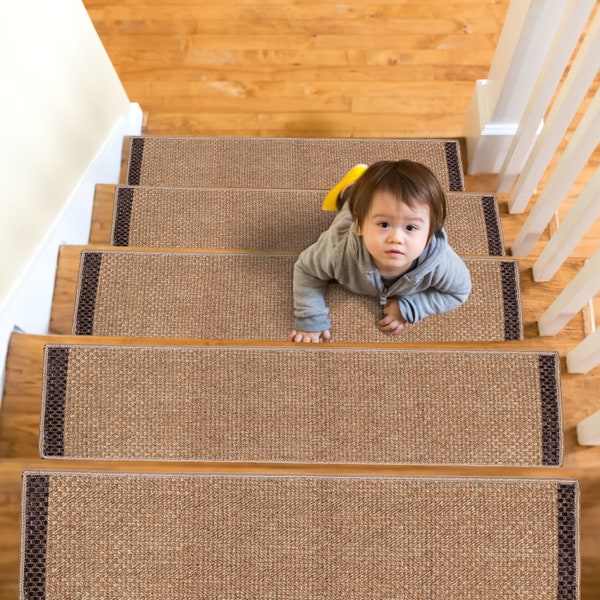 Farmhouse Jute Stair Treads Carpet, Bordered Stair Runner Rug, Thin Stair Mat for Wooden Steps, Non-Slip Sole Step Rug, Washable Stair Pad