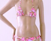 Triangle Bikini Top and Brazilian Tie Bikini Bottom Two Piece Bikini in Coral and Lavender Squiggles Print