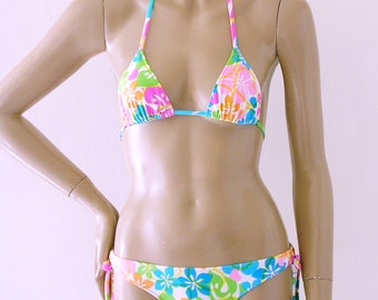 Brazilian Scrunch Back Bikini Bottom and Triangle Top in Maui White Floral Print in Top Sizes to DD