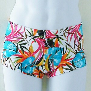 May include: A pair of colorful, tropical-print shorts. The shorts feature a white background with a vibrant pattern of blue, pink, orange, and green leaves and flowers. The shorts are displayed on a white mannequin.