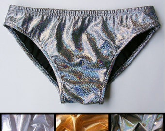 MENS Low Rise Swim Brief Swimsuit in Silver, Gold, and Disco Ball Silver Glitter Hologram