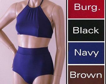 High Waisted Bikini Bottom and High Neck Halter Top in Black, Navy Blue, Brown, Burgundy in S.M.L.XL.