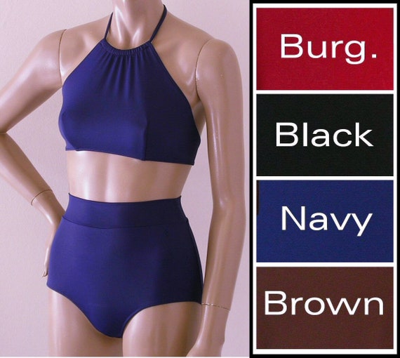 High Waisted Bikini Bottom and High Neck Halter Top in Black, Navy Blue,  Brown, Burgundy in S.M.L.XL. -  Canada