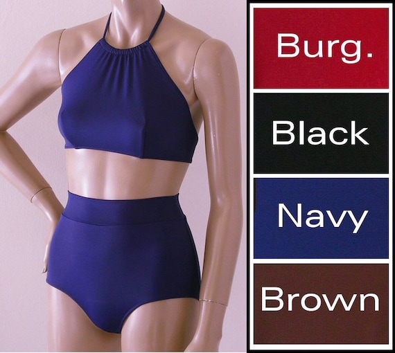 High Waisted Bikini Bottom and High Neck Halter Top in Black, Navy