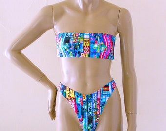 80s 90s High Leg Brazilian Bikini Bottom and Strapless Bandeau Top in Shinjuku Print