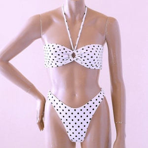 80s 90s High Leg Brazilian Bikini Bottom and Keyhole Bandeau Top in White Polka Dots