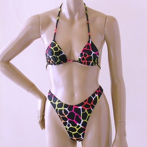 80s 90s Thong Bikini Bottom with High Leg and Triangle Top in Wired Giraffe Print in Sizes to DD