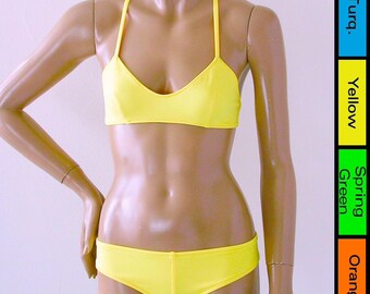 X Back Ballet Top and Brazilian Boy Short Bikini Bottom in Yellow. Turquoise, Green or Orange in S.M.L.XL