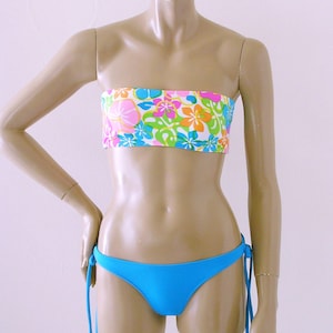 Thong Bikini Bottom with Tie Sides and Strapless Bandeau Bikini Top in Maui White Floral Print in Custom Cup Sizes