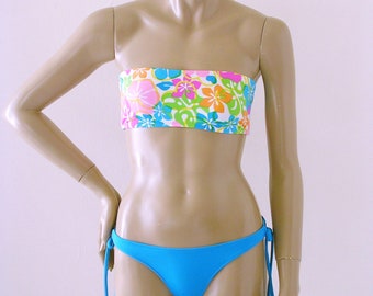 Thong Bikini Bottom with Tie Sides and Strapless Bandeau Bikini Top in Maui White Floral Print