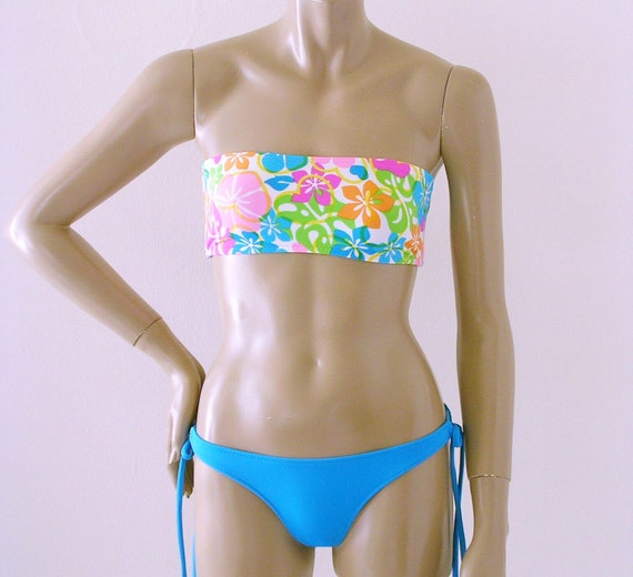 Thong Bikini Bottom With Tie Sides and Strapless Bandeau Bikini Top in Maui  White Floral Print in Custom Cup Sizes 