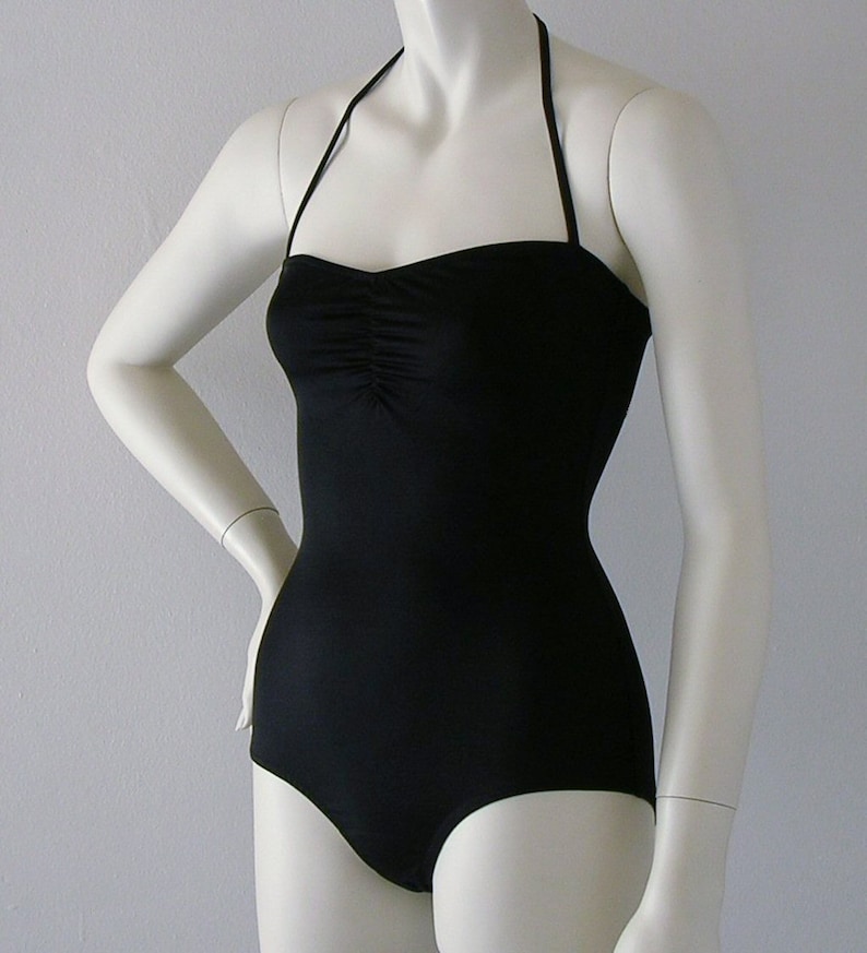 1930s Swimsuits- Ladies’ Bathing Suits History Black Retro One Piece Swimsuit Made to Order $88.00 AT vintagedancer.com