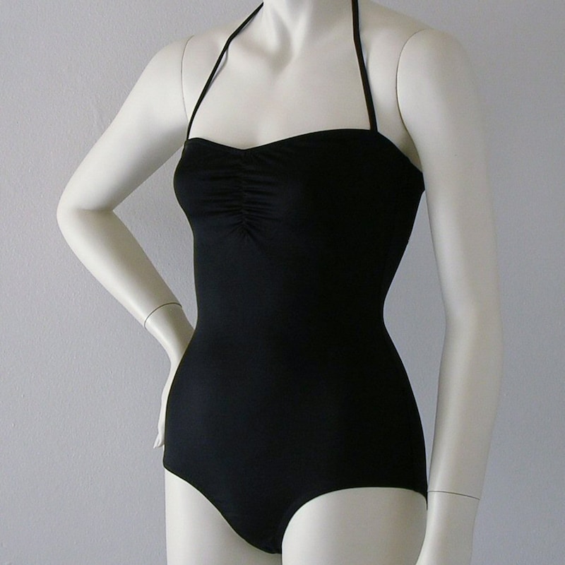Vintage Solid Black One-Piece Swimsuit for Women