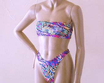 80s 90s Thong Bikini Bottom and Strapless Bandeau Top in Mardi Gras Print in S.M.L.XL.