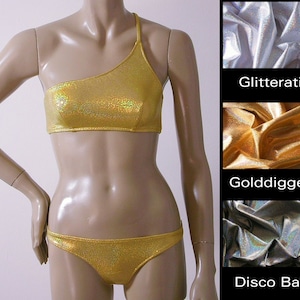 Top asimétrico de un hombro bikini y fondo de bikini brasileño en oro, plata, y Disco Ball Glitter holograma en S.M.L.XL.
