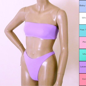 80s 90s Thong Bikini Bottom Swimsuit with High Leg and Strapless Bandeau Top in White, Pink, Mint, Turquoise, Blue, Lavender, Coral