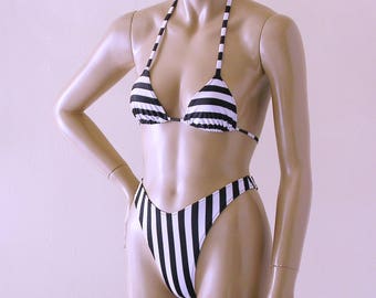 80s 90s High Leg Thong Bikini Bottom and Triangle Top in Black and White Stripe