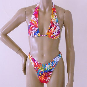 80s 90s Brazilian Bikini Bottom and Sliding Halter Top in Pollack Print in S-M-L-XL