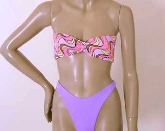80s 90s Thong Bikini Bottom with Strapless Bandeau Top in Squiggles Print in S.M.L.XL.