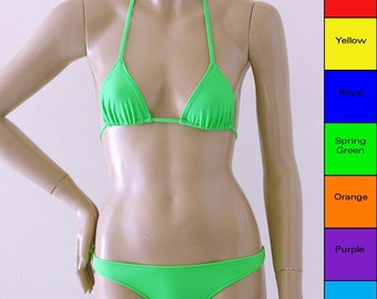 Scrunch Rücken Brasilianische Bikini Unten und Dreieck Top in Rot, Gelb, Grün, Blau, Orange, Lila, Türkis, Fuschia