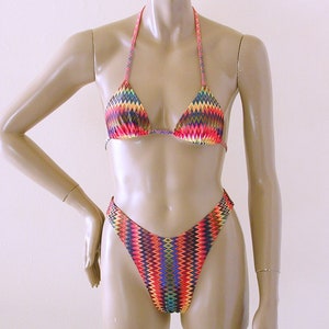 80s 90s Brazilian Bikini Bottom with High Leg and Triangle Top in Sizzle Print in Sizes to DD