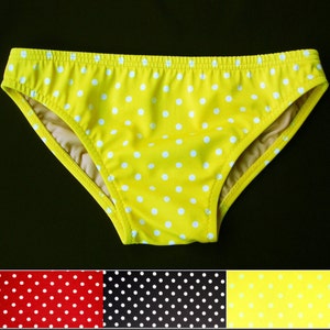Mens Low Rise Swim Brief Swimsuit in Yellow Polka Dot, Red Polka Dot, and Black Polka Dot