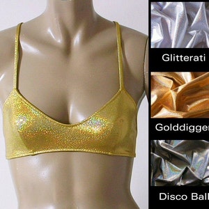 Cross Back Ballet Bikini Top in Gold, Silver, and Disco Ball Glitter Hologram S.M.L.XL.