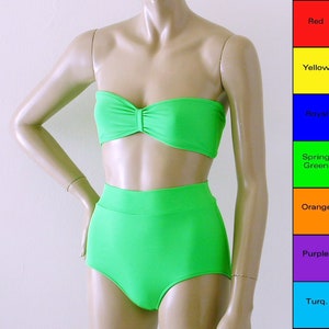 High Waisted Bikini Bottom and Retro Bandeau Top Two Piece Swimsuit in Red, Yellow, Blue, Green, Orange, Purple, Turquoise, Fuschia