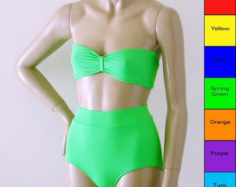 High Waisted Bikini Bottom and Retro Bandeau Top Two Piece Swimsuit in Red, Yellow, Blue, Green, Orange, Purple, Turquoise, Fuschia